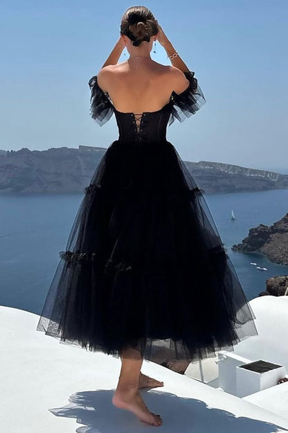 A-line Corset Ruffled Tulle Prom Dresses