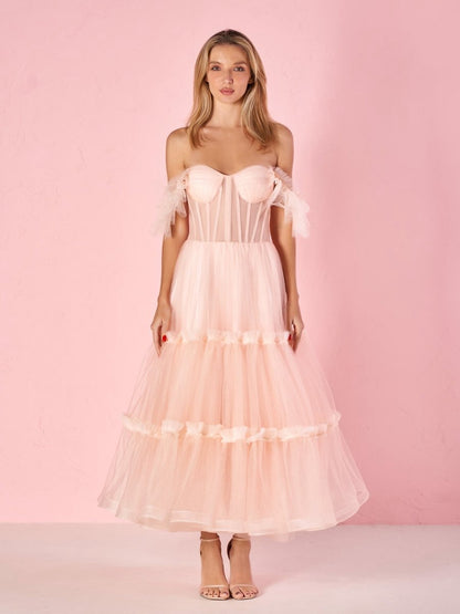 A-line Corset Ruffled Tulle Prom Dresses