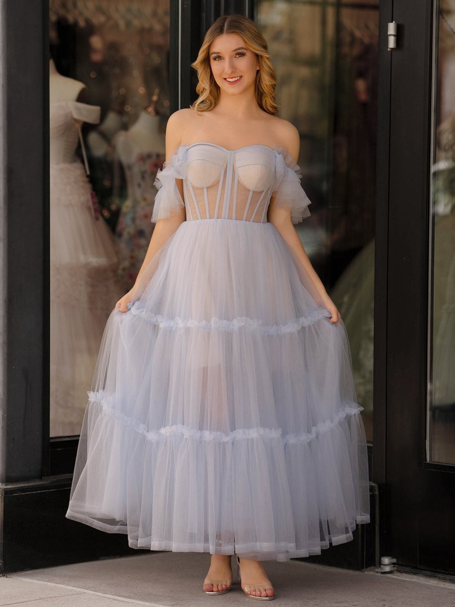 A-line Corset Ruffled Tulle Prom Dresses