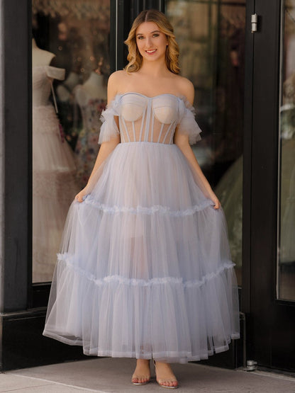 A-line Corset Ruffled Tulle Prom Dresses