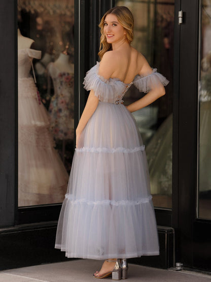 A-line Corset Ruffled Tulle Prom Dresses