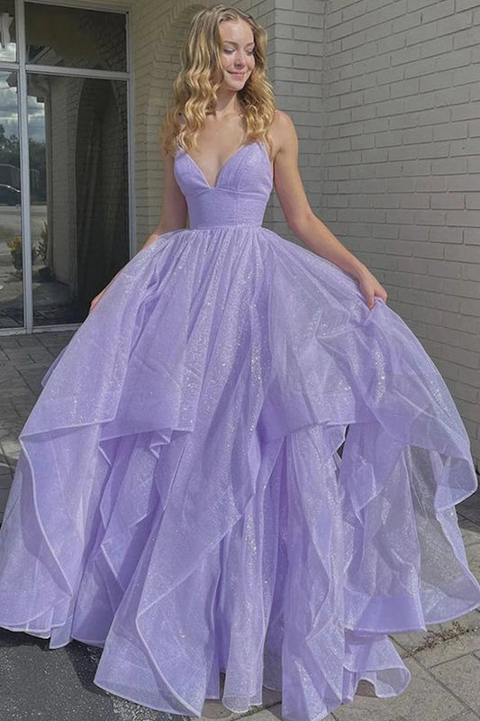 A-line Spaghetti Straps Long Prom Dresses with Ruffles