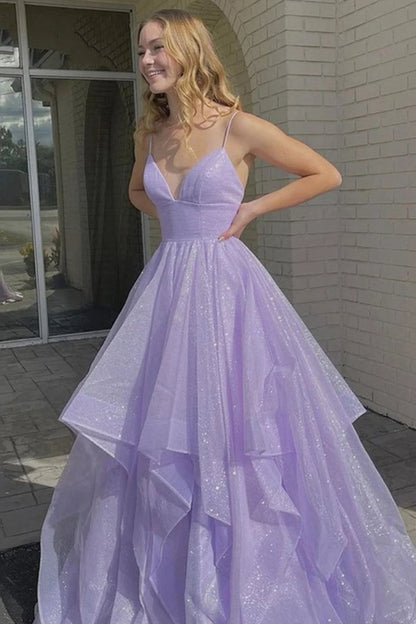 A-line Spaghetti Straps Long Prom Dresses with Ruffles