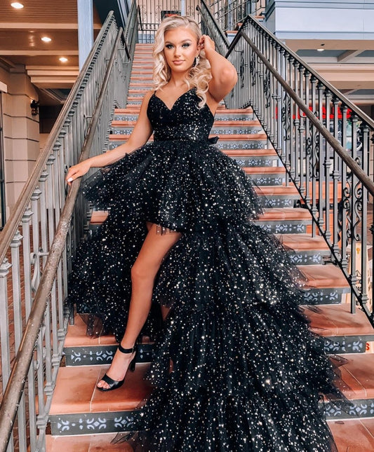 A-line Spaghetti Straps Tie Tulle High Low Prom Dresses