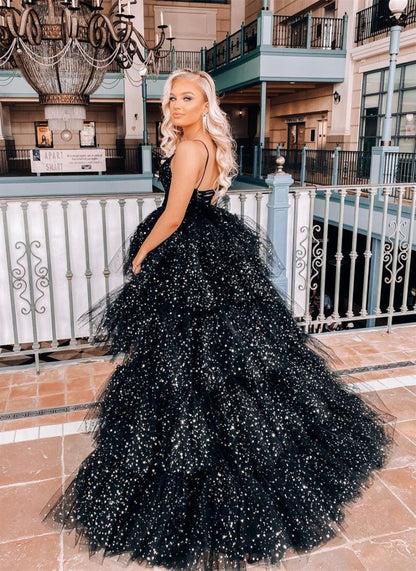 A-line Spaghetti Straps Tie Tulle High Low Prom Dresses