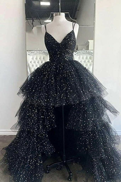 A-line Spaghetti Straps Tie Tulle High Low Prom Dresses