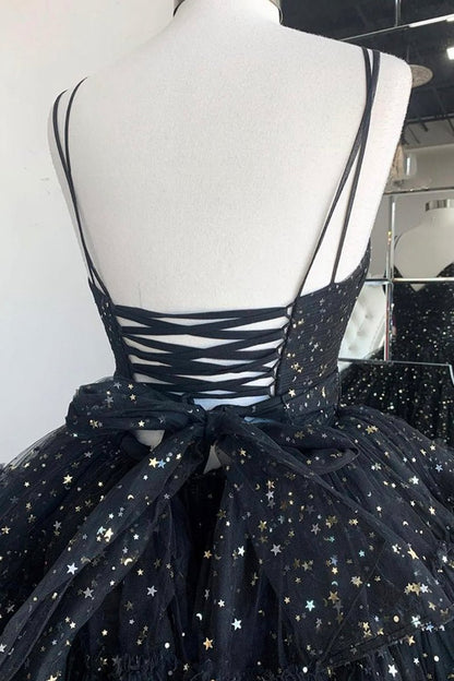 A-line Spaghetti Straps Tie Tulle High Low Prom Dresses