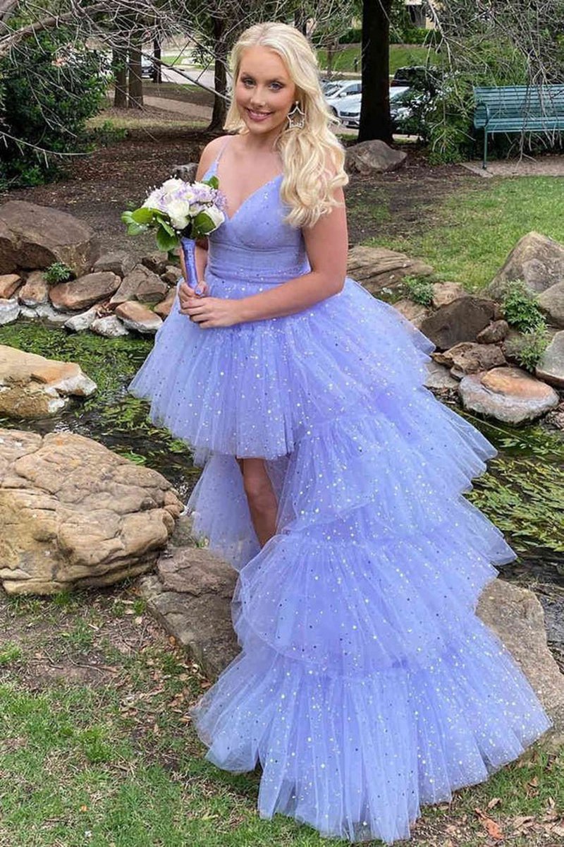 A-line Spaghetti Straps Tie Tulle High Low Prom Dresses