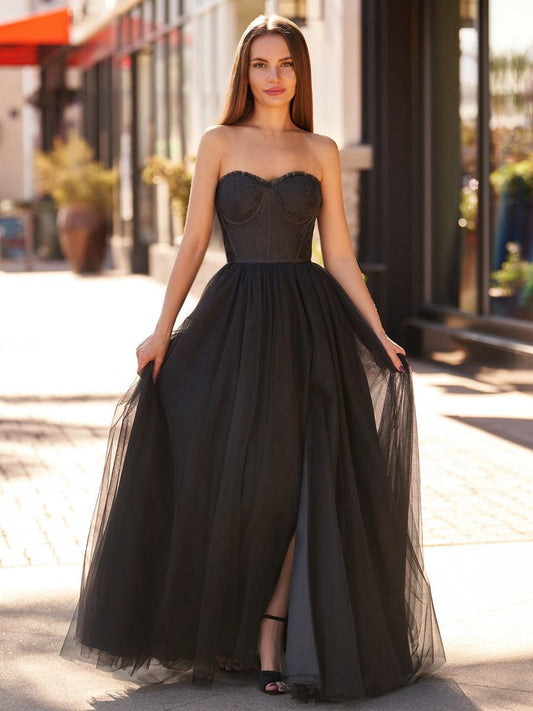 A-line Sweetheart Corset Tulle Prom Dresses with Slit