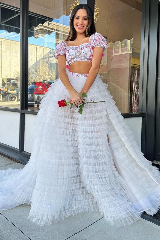 A-line Square Neck Tulle Prom Dresses with Ruffles