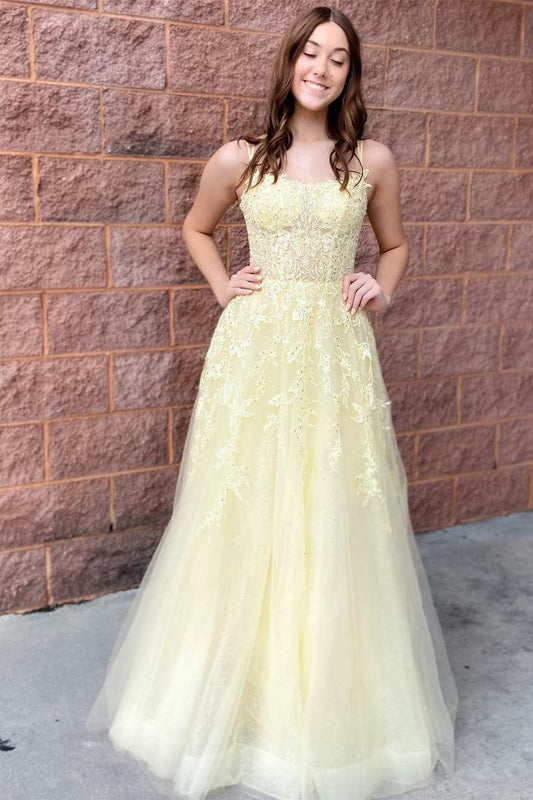A-line Tulle Applique Lace-Up Prom Dresses