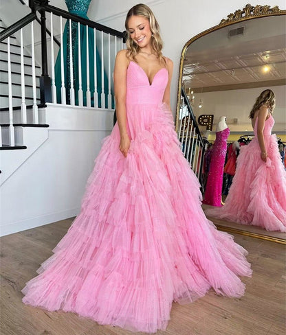 A-line Spaghetti Straps Tie Tulle Prom Dresses