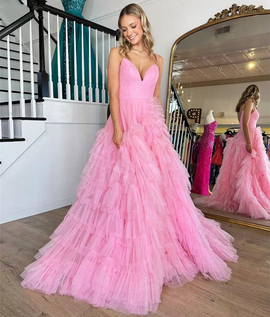 A-line Spaghetti Straps Tie Tulle Prom Dresses