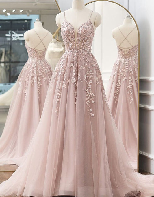 A-line Spaghetti Straps Tulle Prom Dresses with Appliques