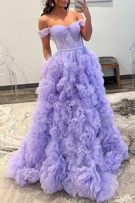 A-line Off the Shoulder Ruffled Tulle Prom Dresses with Slit