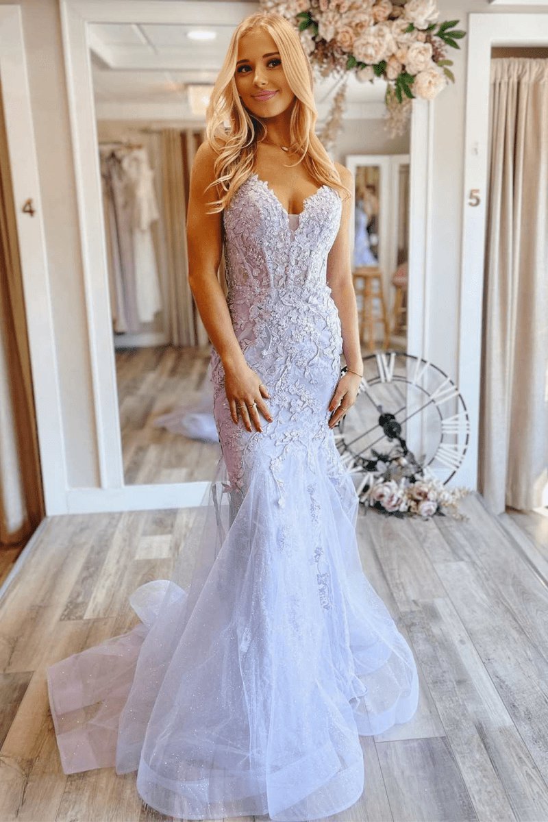 Mermaid V neck Lace Glitter Tulle Prom Dresses