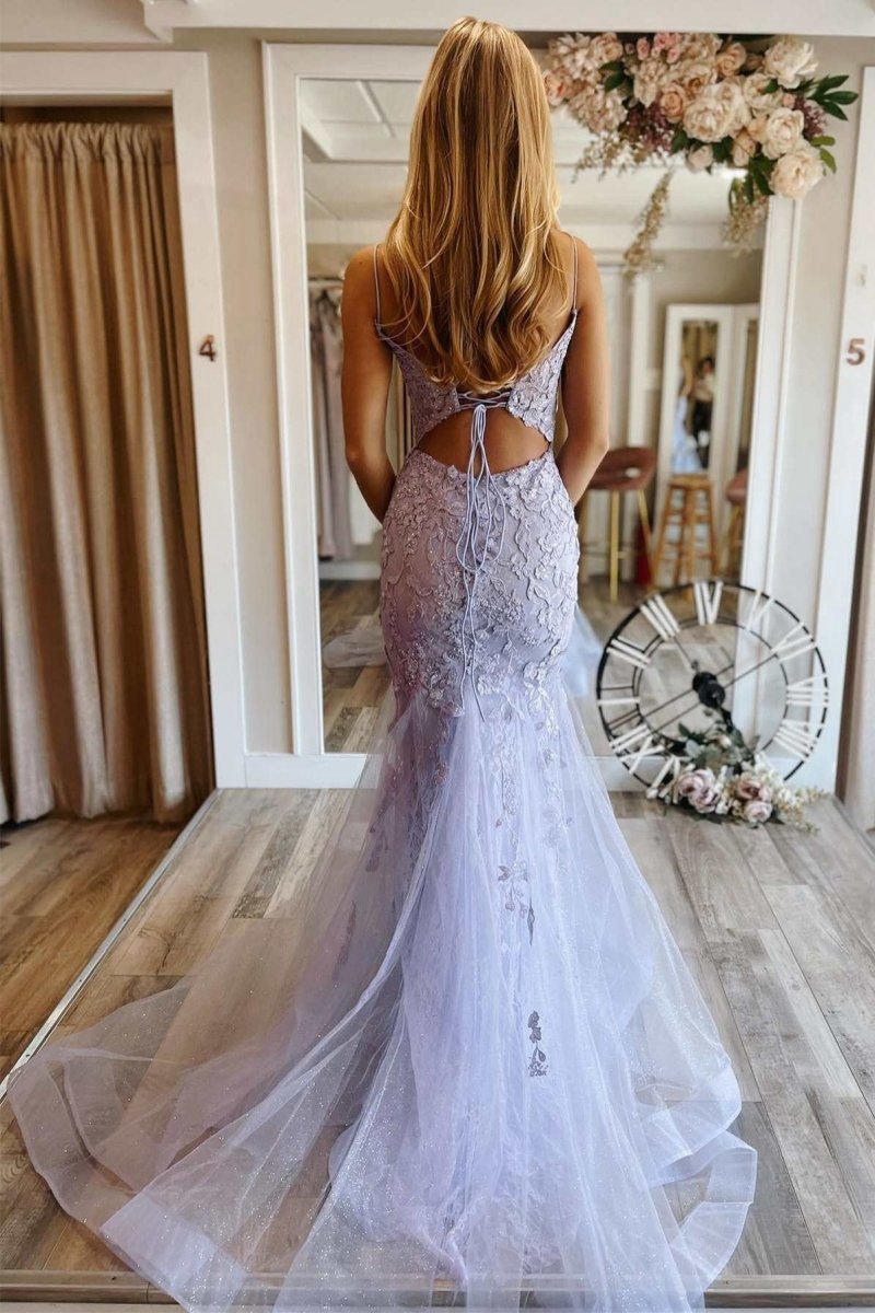Mermaid V neck Lace Glitter Tulle Prom Dresses
