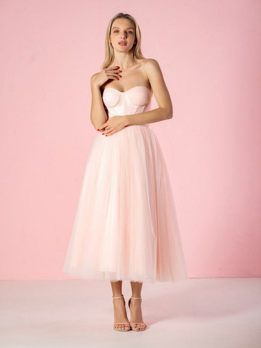 Strapless Puffy Midi Tulle Dresses