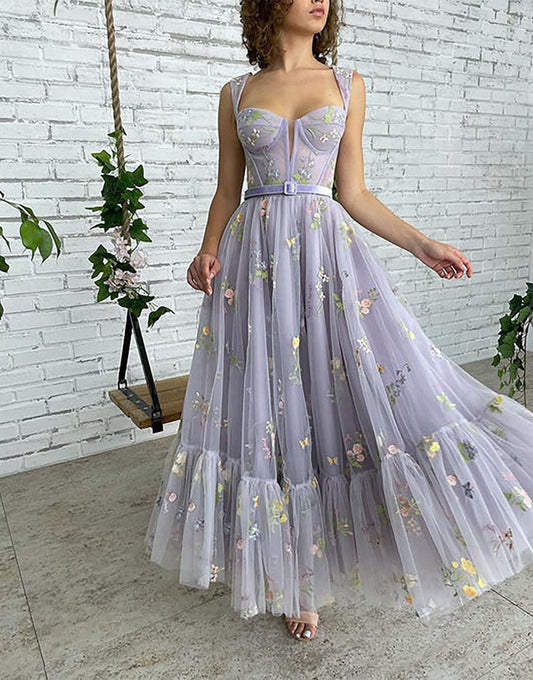 A-line Tea Length Tulle Prom Dresses with Embroidery