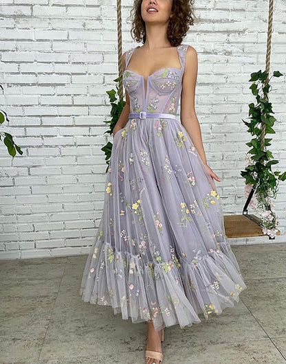 A-line Tea Length Tulle Prom Dresses with Embroidery