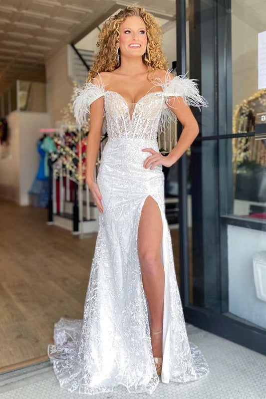 Mermaid Feather Off the Shoulder Lace Prom Dresses