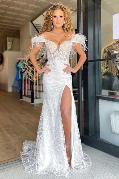 Mermaid Feather Off the Shoulder Lace Prom Dresses
