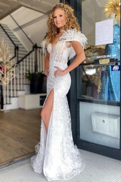 Mermaid Feather Off the Shoulder Lace Prom Dresses