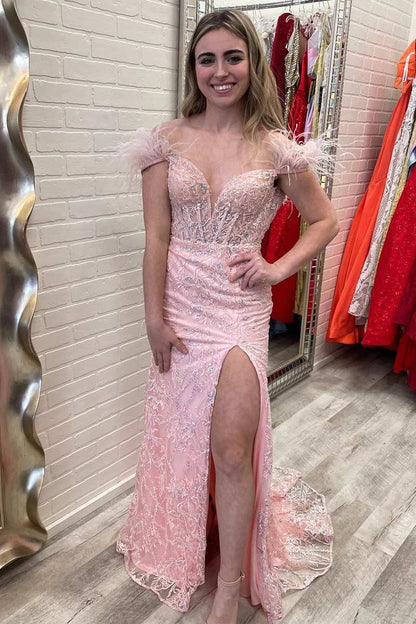 Mermaid Feather Off the Shoulder Lace Prom Dresses