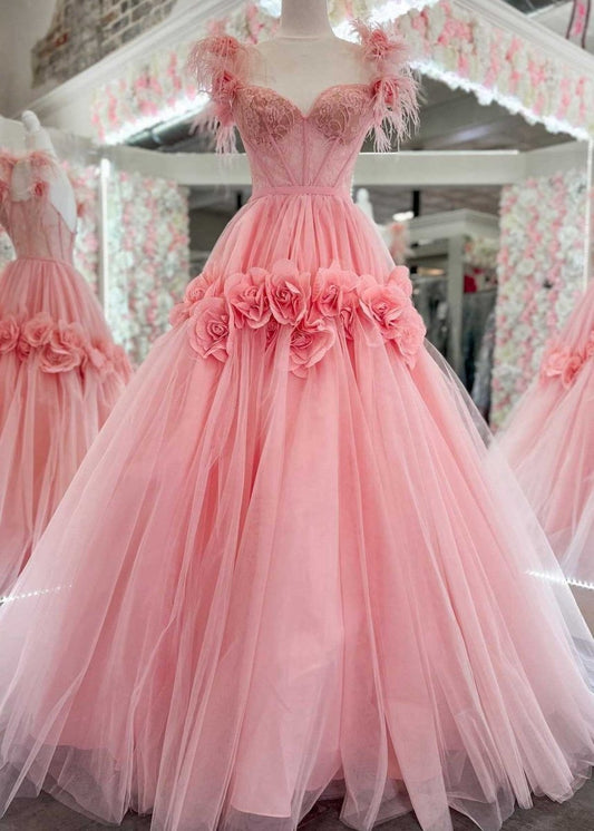 Princess A-line Off the Shoulder Lace Tulle Prom Dresses