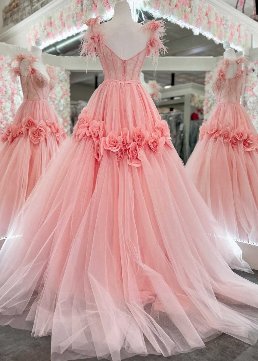 Princess A-line Off the Shoulder Lace Tulle Prom Dresses