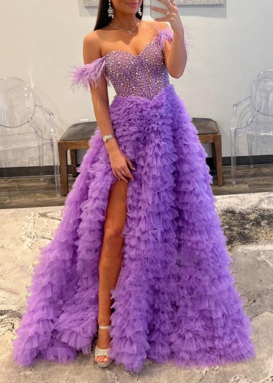 A-line Off the Shoulder Tie Tulle Prom Dresses with Slit
