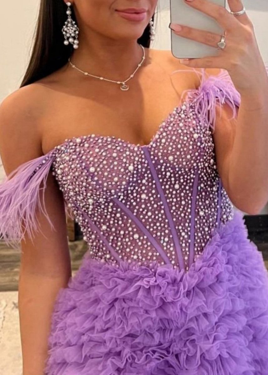 A-line Off the Shoulder Tie Tulle Prom Dresses with Slit