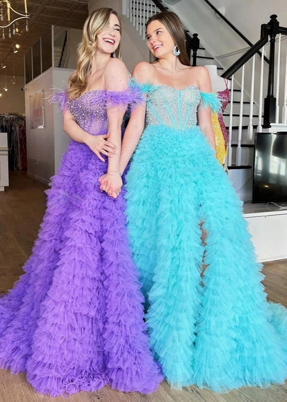A-line Off the Shoulder Tie Tulle Prom Dresses with Slit