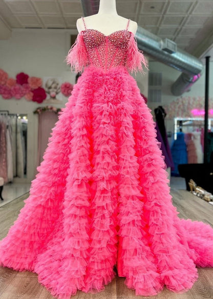 A-line Off the Shoulder Tie Tulle Prom Dresses with Slit