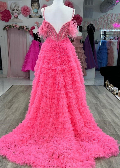 A-line Off the Shoulder Tie Tulle Prom Dresses with Slit