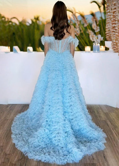 A-line Off the Shoulder Tie Tulle Prom Dresses with Slit