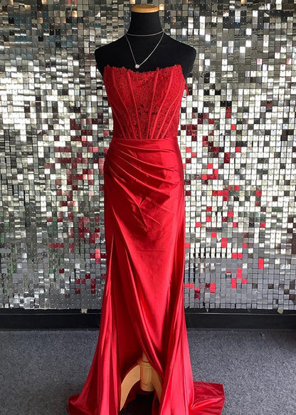 Sheath Strapless Corset Satin Prom Dresses with Slit