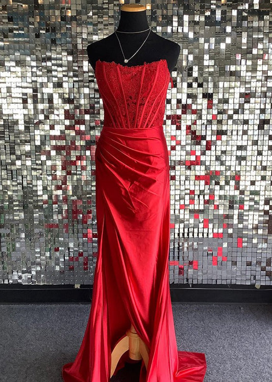 Sheath Strapless Corset Satin Prom Dresses with Slit
