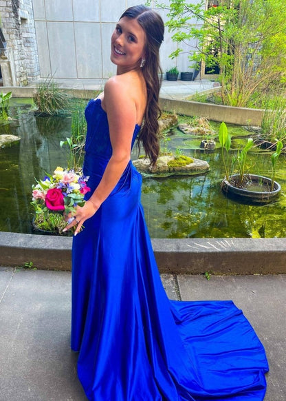 Sheath Strapless Corset Satin Prom Dresses with Slit