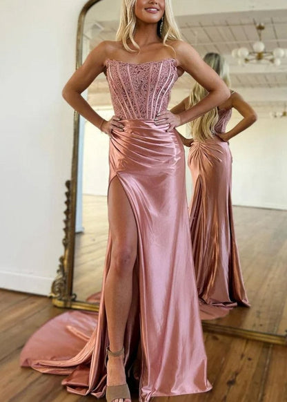 Sheath Strapless Corset Satin Prom Dresses with Slit