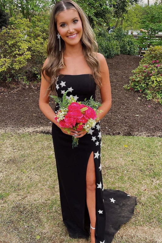 Sheath Strapless Satin Prom Dresses with Slit