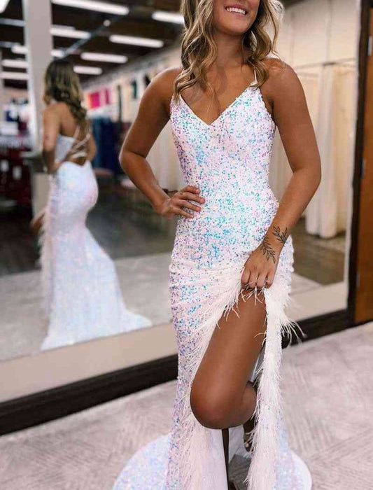 Mermaid V Neck Sequins Long Prom Dresses with Slit