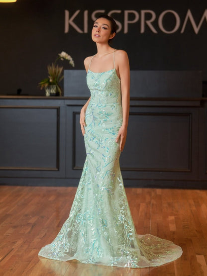 Mermaid Scoop Lace Long Prom Dresses