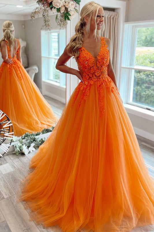 A-line V-Neck Long Tulle Prom Dresses with Appliques