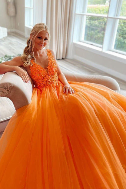 A-line V-Neck Long Tulle Prom Dresses with Appliques