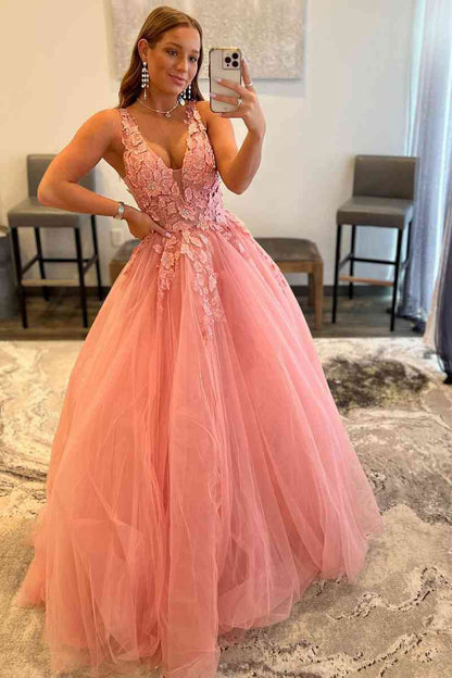 A-line V-Neck Long Tulle Prom Dresses with Appliques