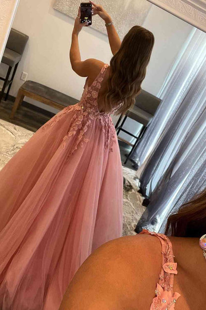 A-line V-Neck Long Tulle Prom Dresses with Appliques