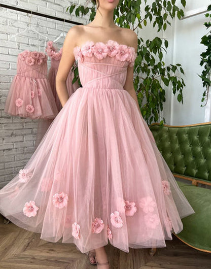 Princess Strapless Prom Dresses with Flowers