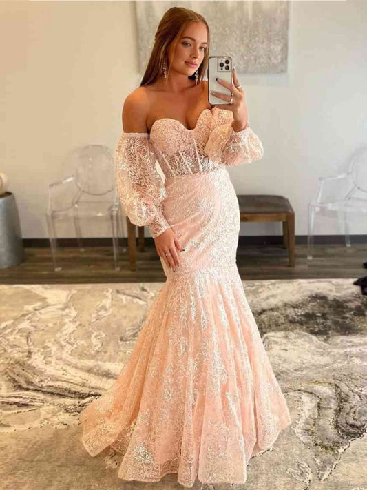 Peach Sweetheart Sheer Lace Corset Mermaid Prom Dresses