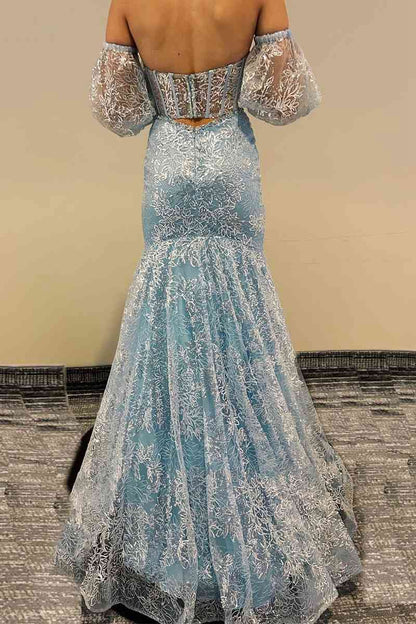 Peach Sweetheart Sheer Lace Corset Mermaid Prom Dresses